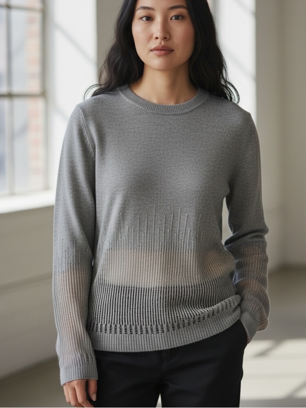 Zara Grey Lightweight Distressed Crewneck Sweater Size Large
